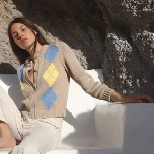 Zara Beige Argyle Cardigan with Blue and Yellow Accents